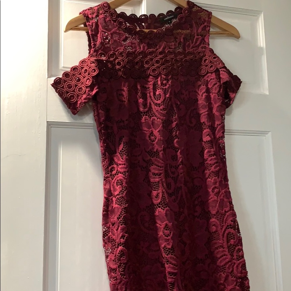 Burgundy lace dress.